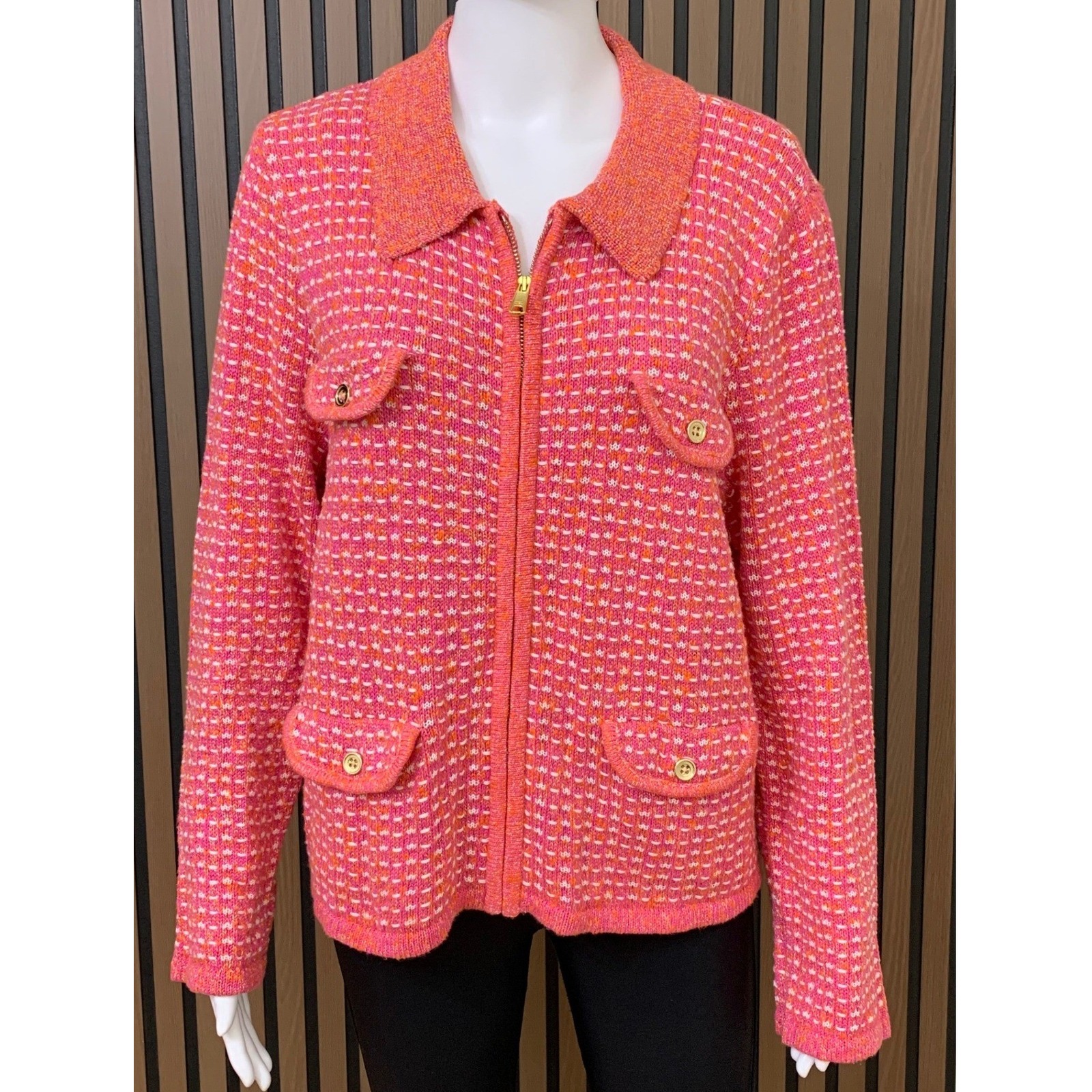 Talbots Petite Pink Tweed Knit Zip Front Cardigan Jacket Xlp Metallic Classic